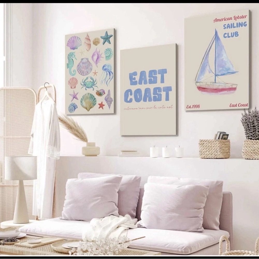 LCZDXGR 3Pcs Framed East Coast Canvas Wall Art Picture Coastal Poster Cute co.